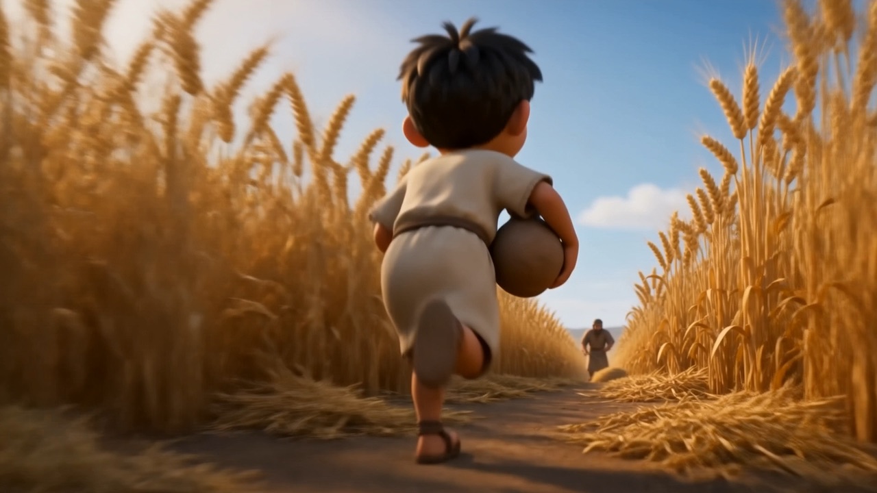 A small boy running out with a water jug