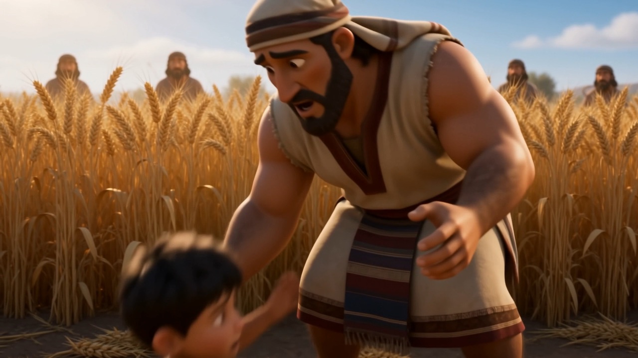 His father crouches over him in the wheat