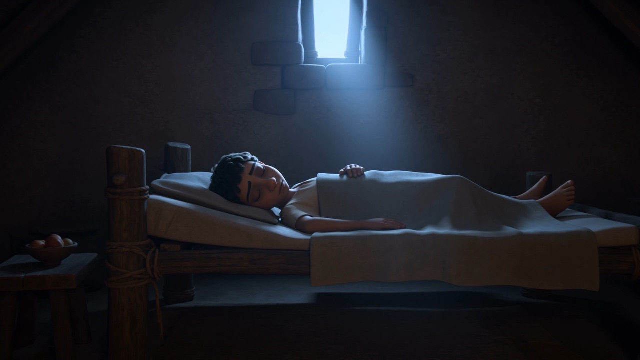 The boy lies on the bed in the roof room