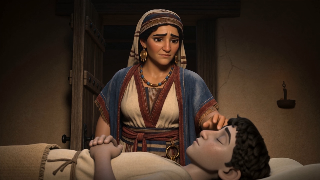 His mother sits with him, one hand on his hair