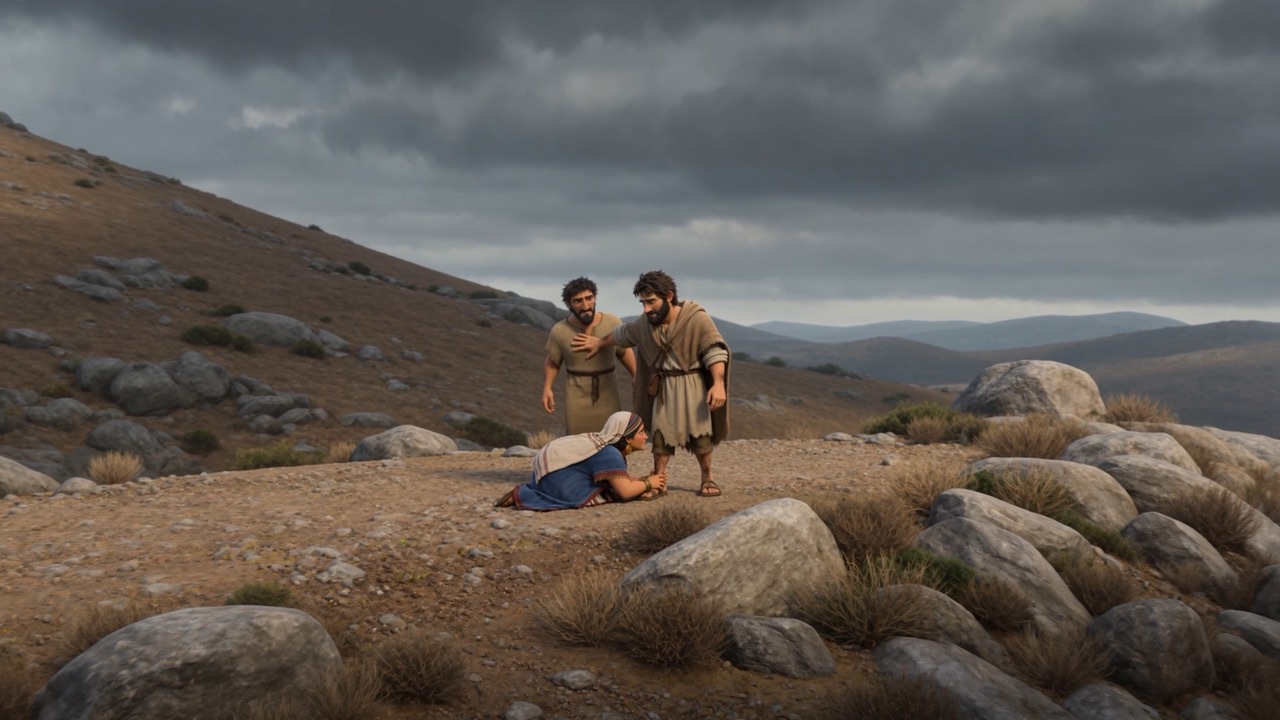 Two men and a woman on an empty hillside