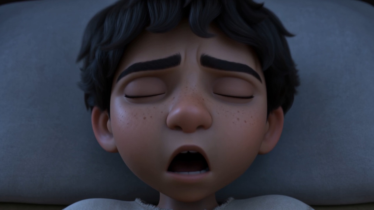 Close on his face — and his mouth opens