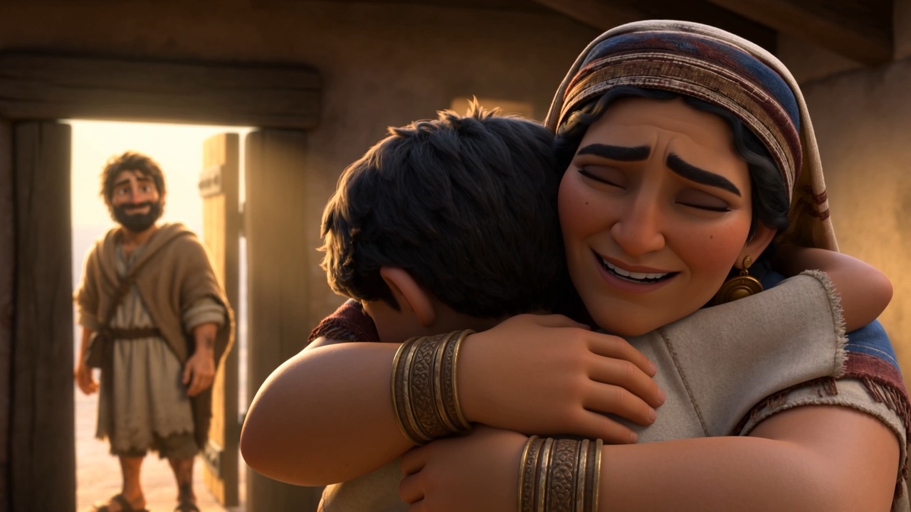 She has him in her arms and will not let go