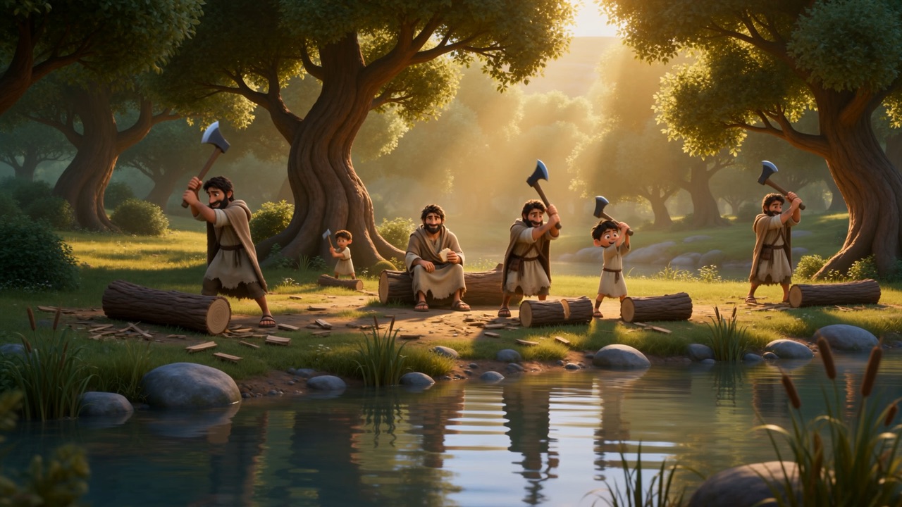Men felling trees by a green river in the sun