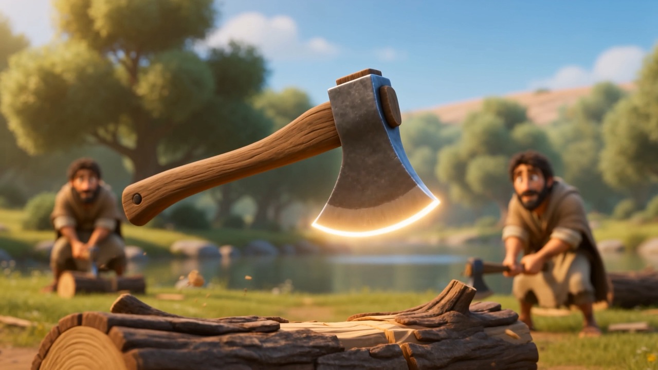 The axe head flies off the handle, mid-air