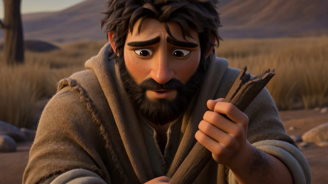 He stands holding a bare wooden handle