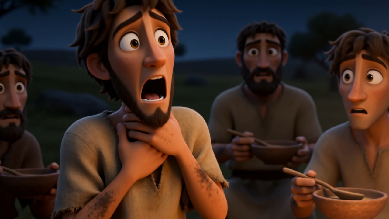 He shouts, hand at his throat