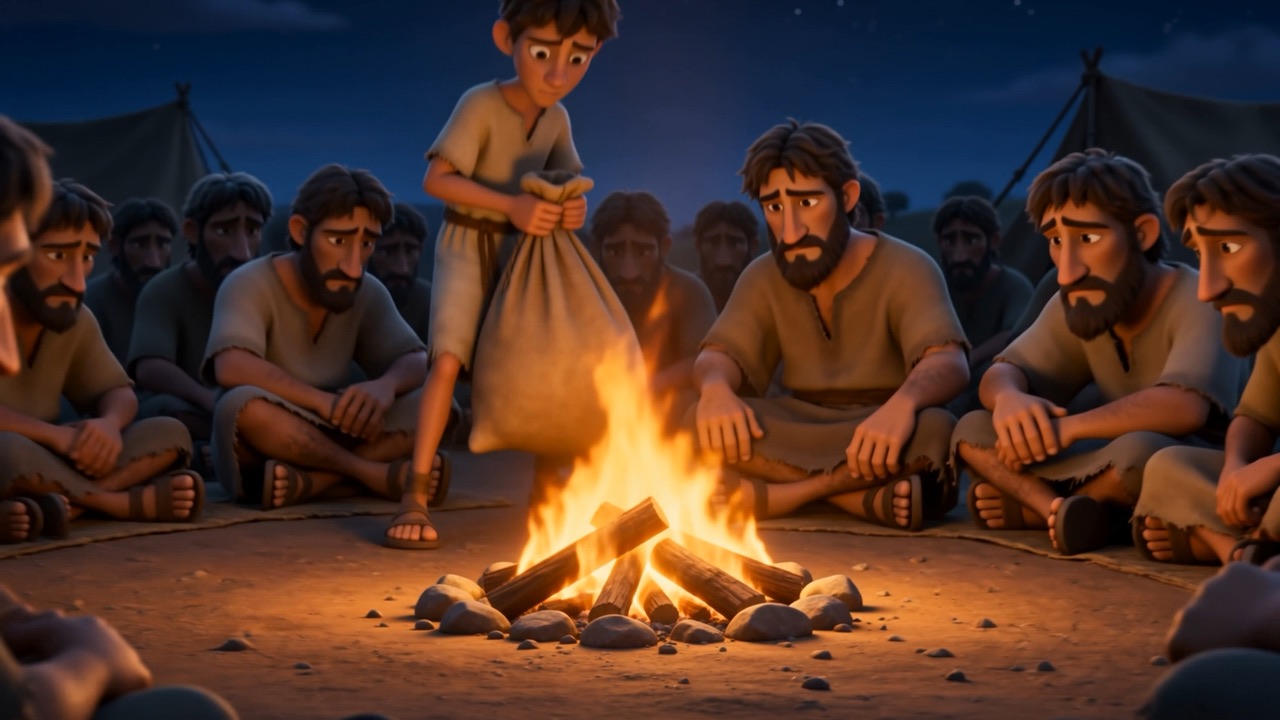 A campfire and a large ring of seated men