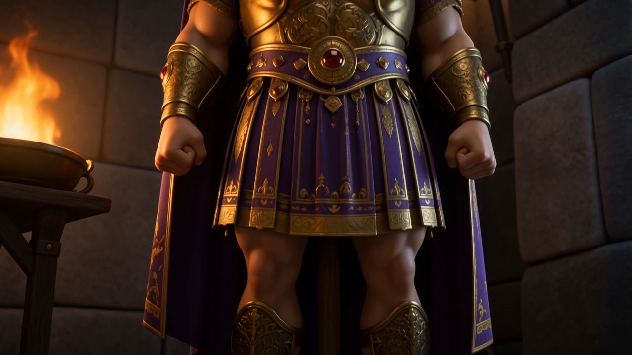 A commander's armour, seen from below, firelit