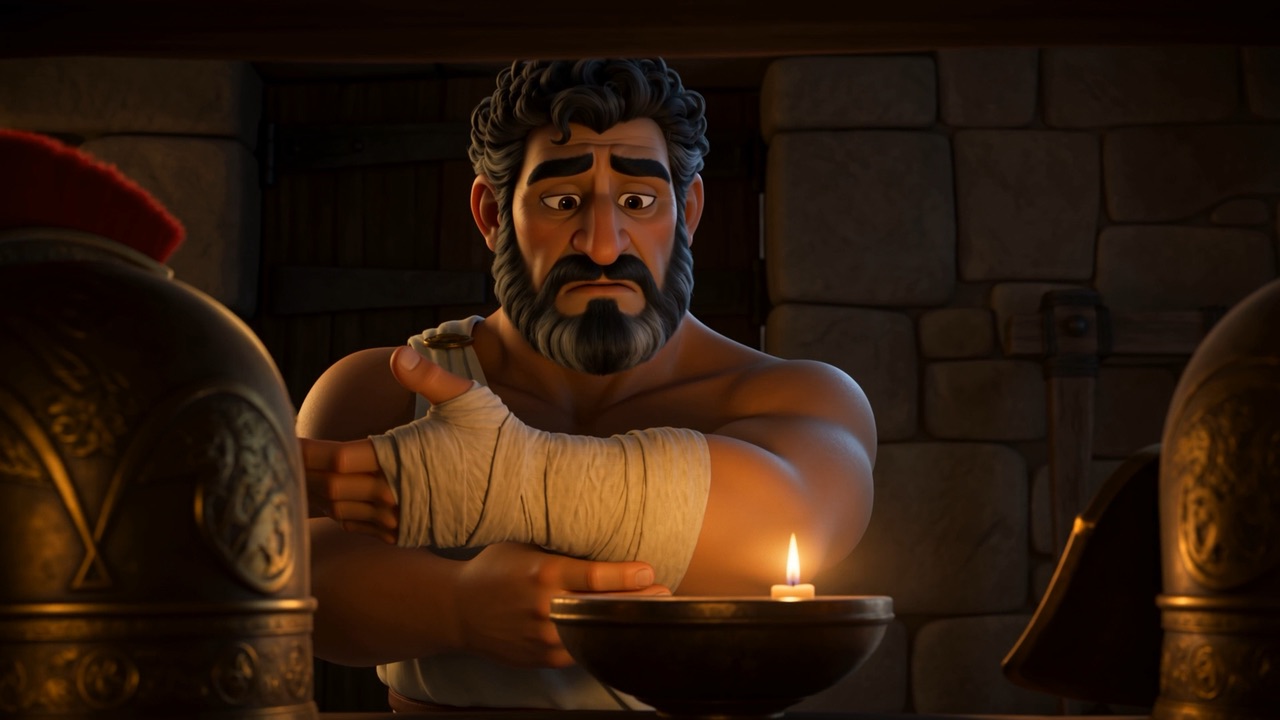 He works at it by the light of one small lamp