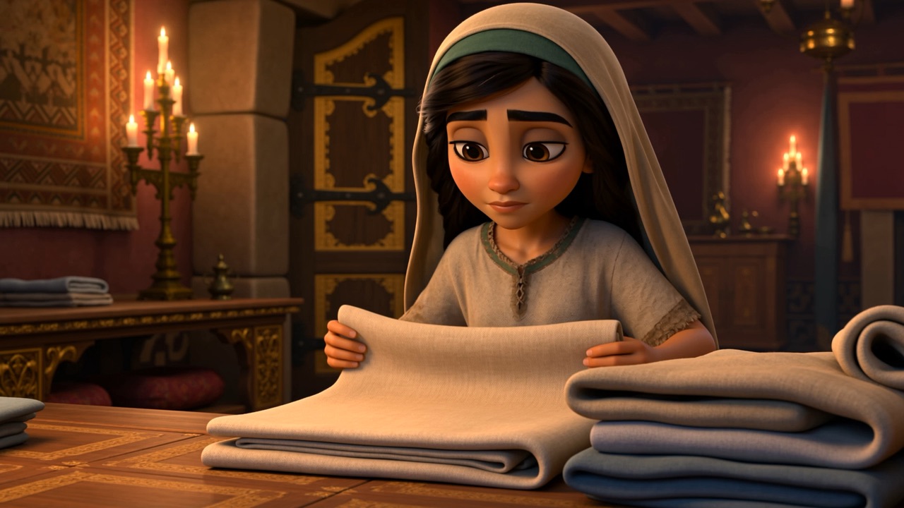 A girl folding linen in a rich, lamplit house