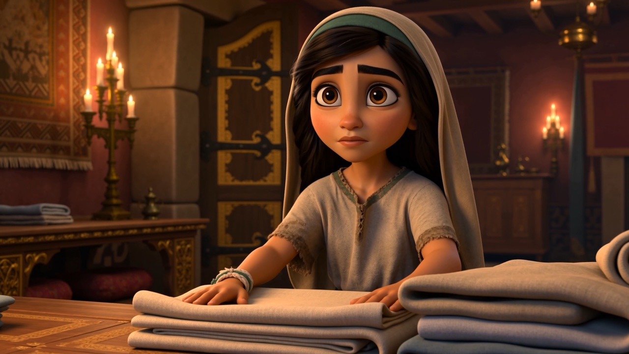 She stops, holding a folded cloth