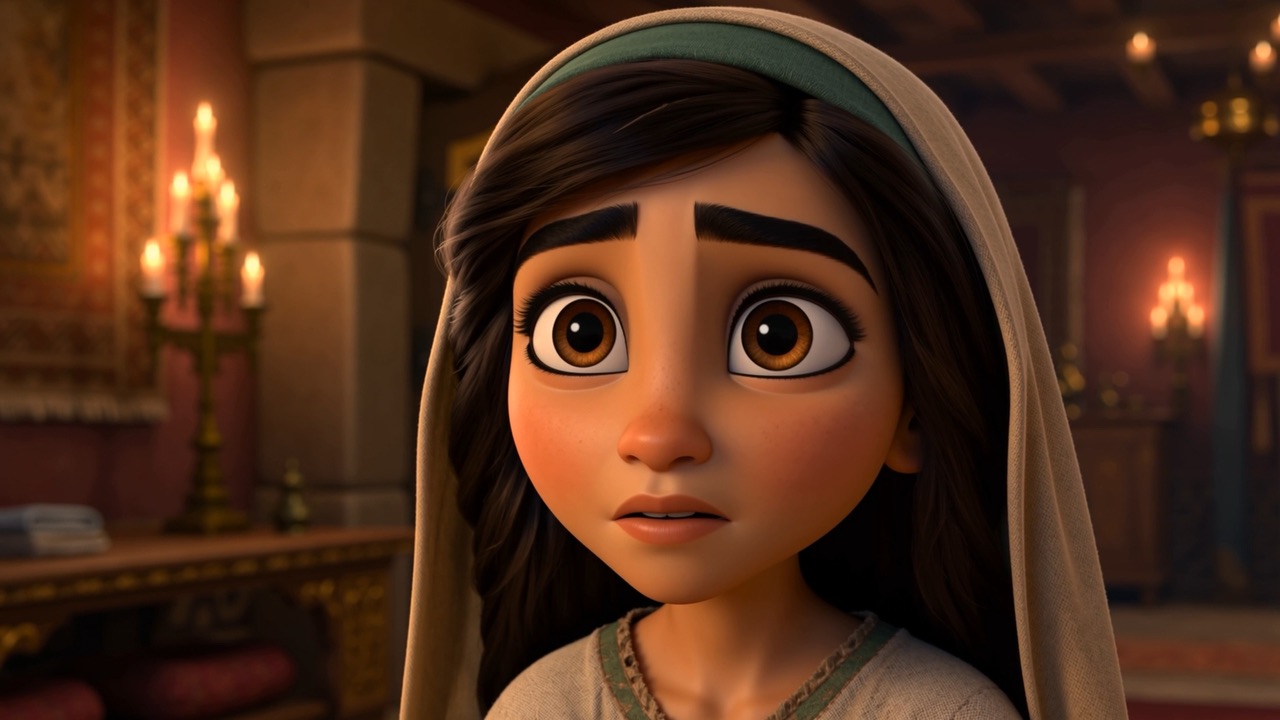 Her face — she is deciding whether to say it