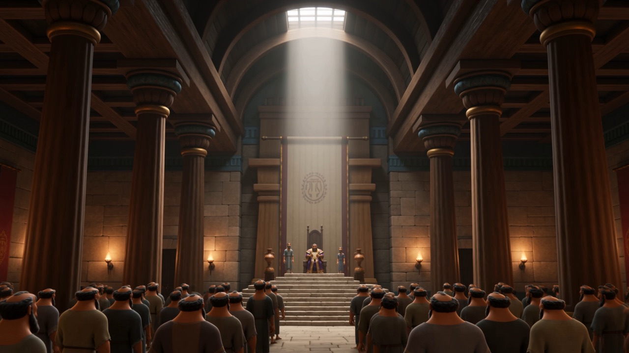A crowded throne hall, light falling from high windows