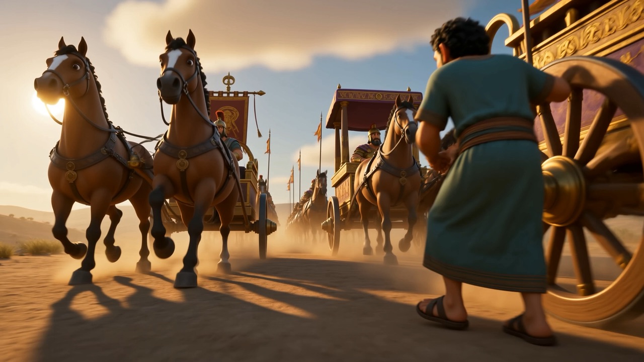 Chariot horses at full stretch in the dust