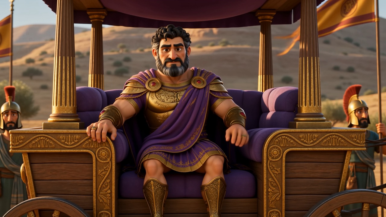 Naaman rides under a canopy like a visiting emperor