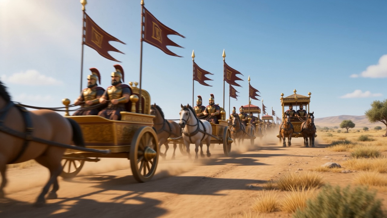 Banners, chariots, an escort of spearmen