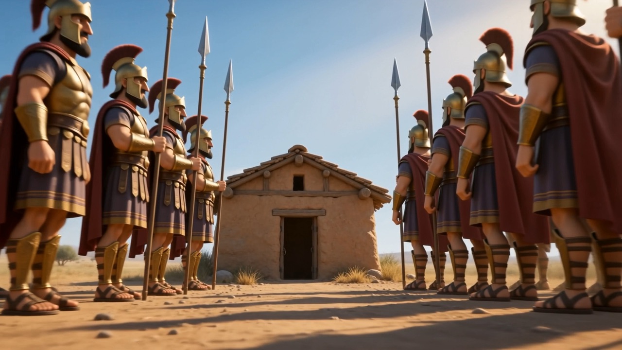 The escort forms up outside a small mud-brick house