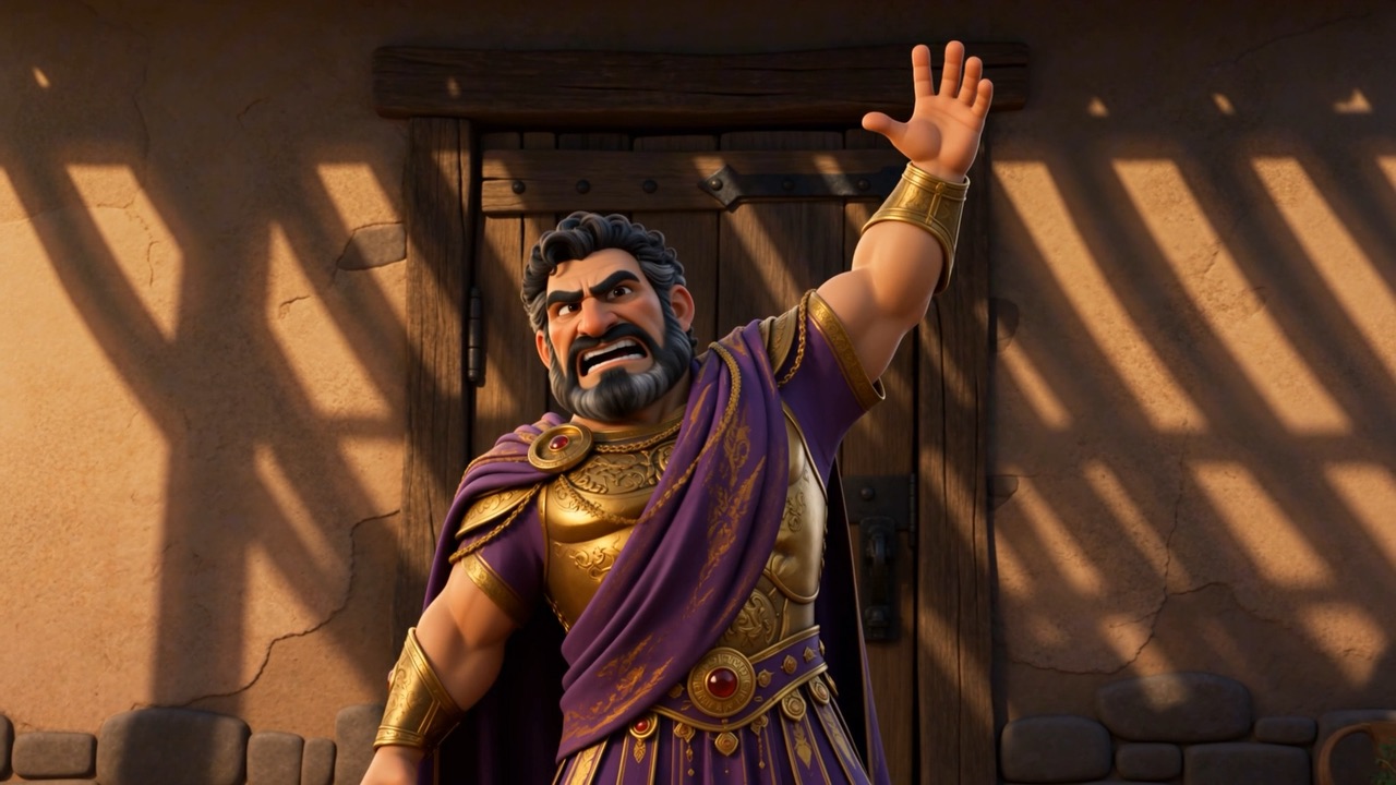He flings an arm at the shut door