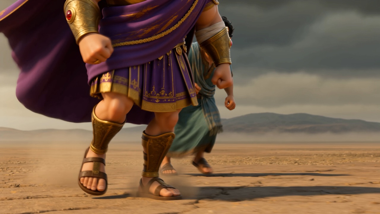 A purple cloak striding away across open country