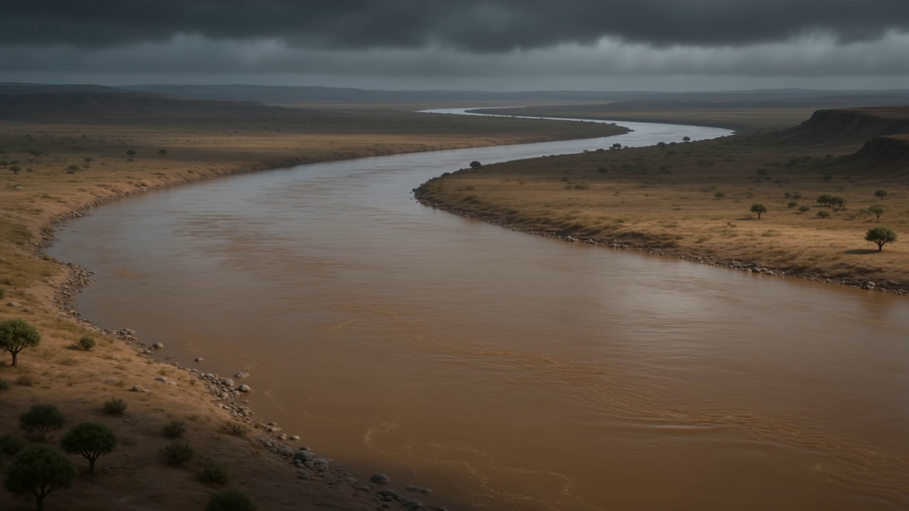 A brown, unimpressive river winding through scrub