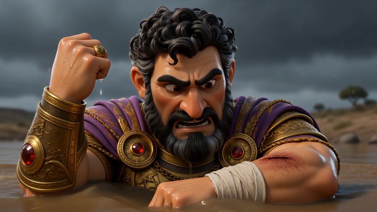 Fist clenched, water streaming off gold armour