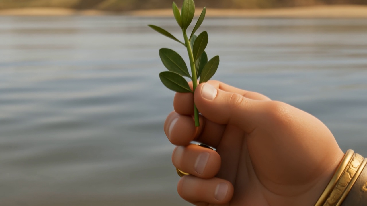 A sprig of river weed in a ringed hand