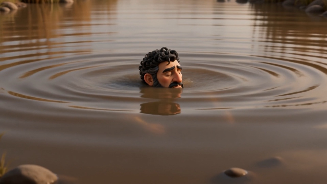Only the top of his head above the surface
