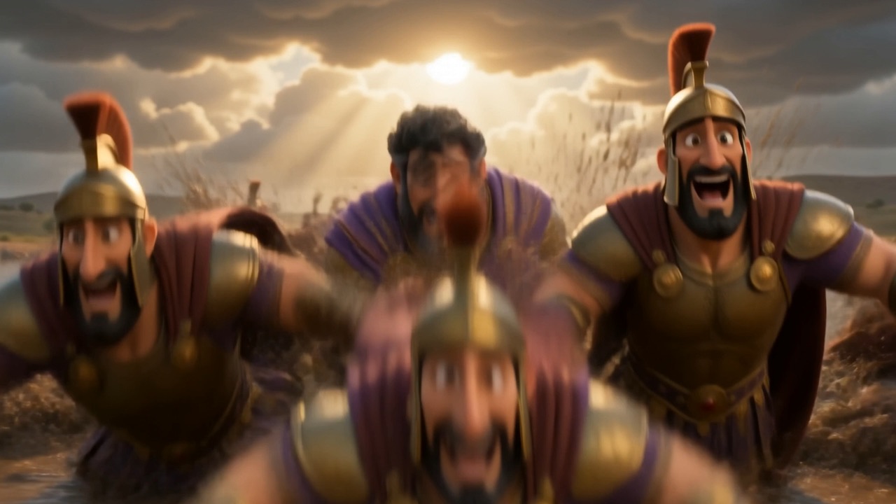 Soldiers breaking ranks and running for the water