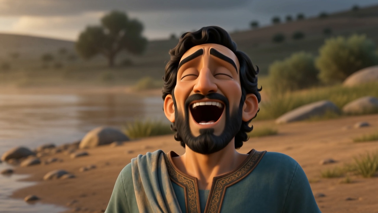 A servant on the shore, laughing, both hands up
