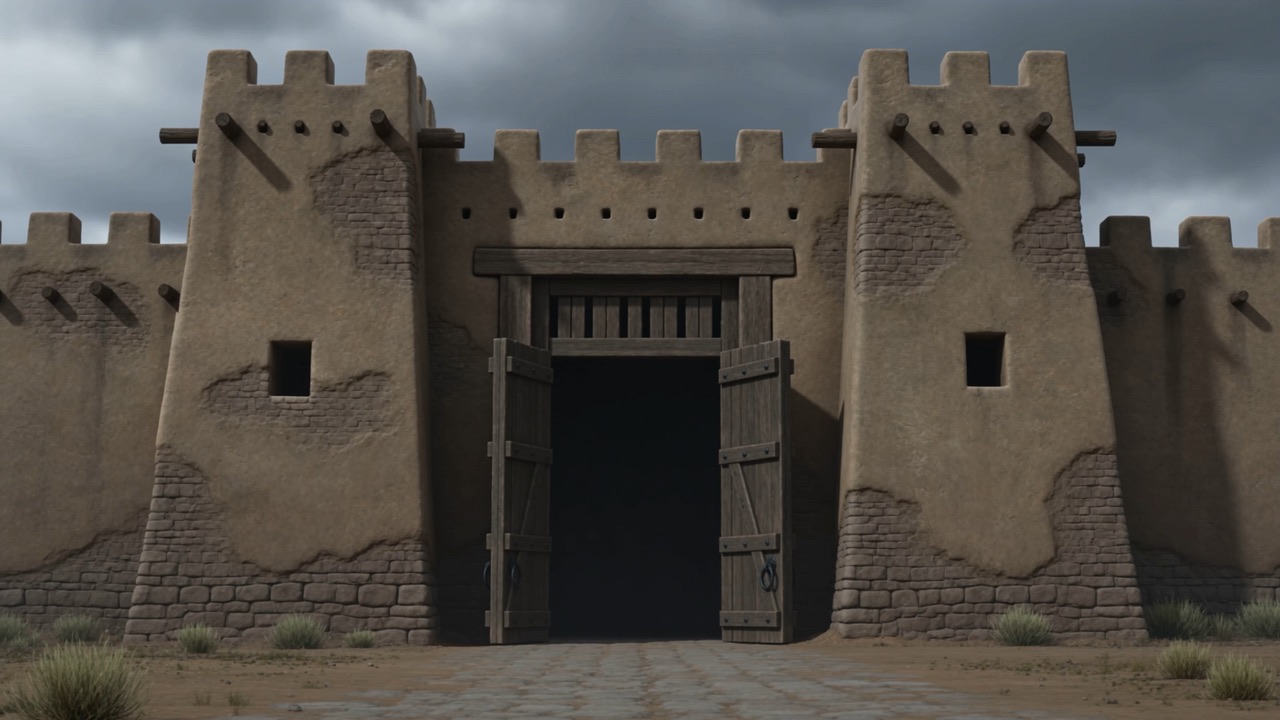 A city gate standing wide open under a grey sky