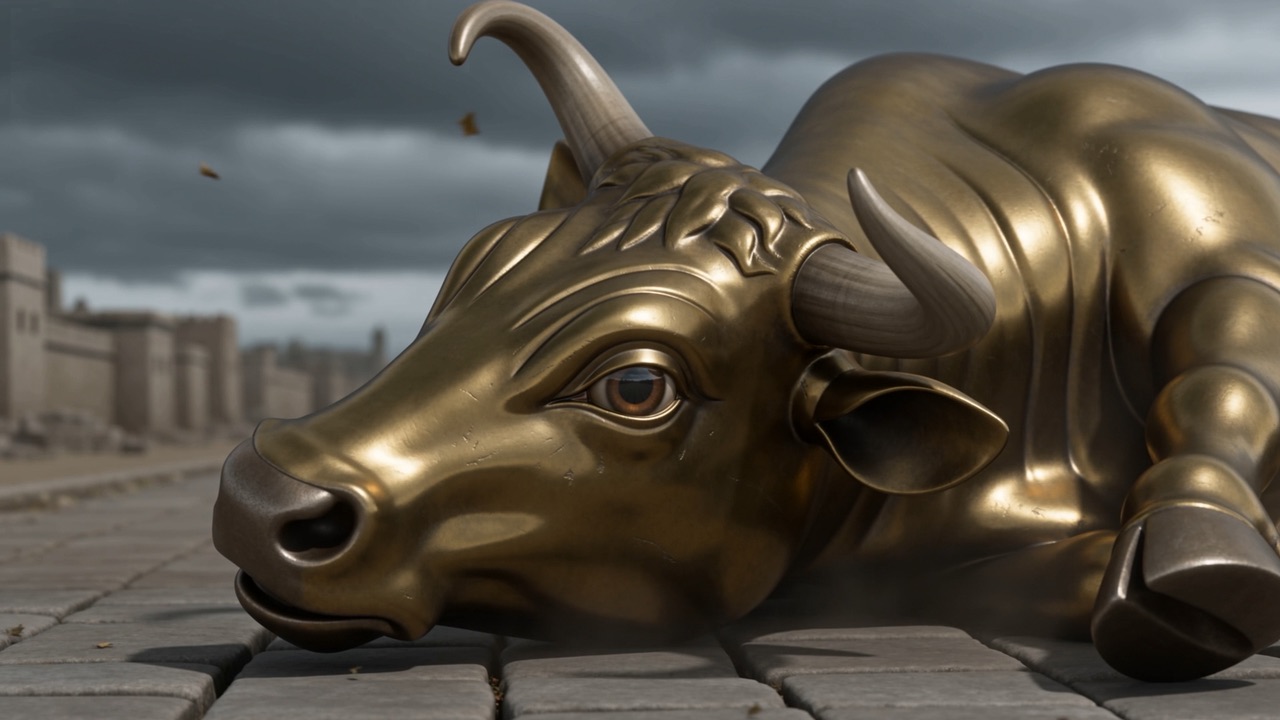 A golden calf, toppled on the paving