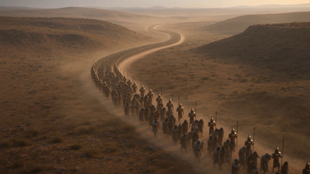 A column of people winding away over bare hills