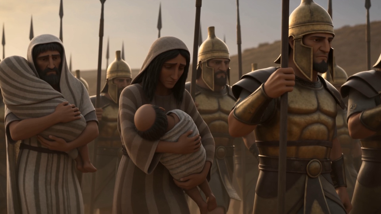 A woman carrying a baby, a soldier alongside