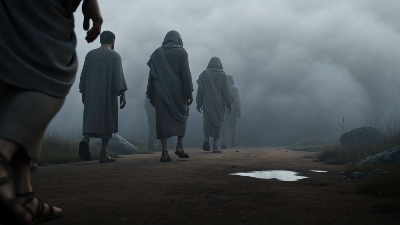 Figures walking into a wall of fog
