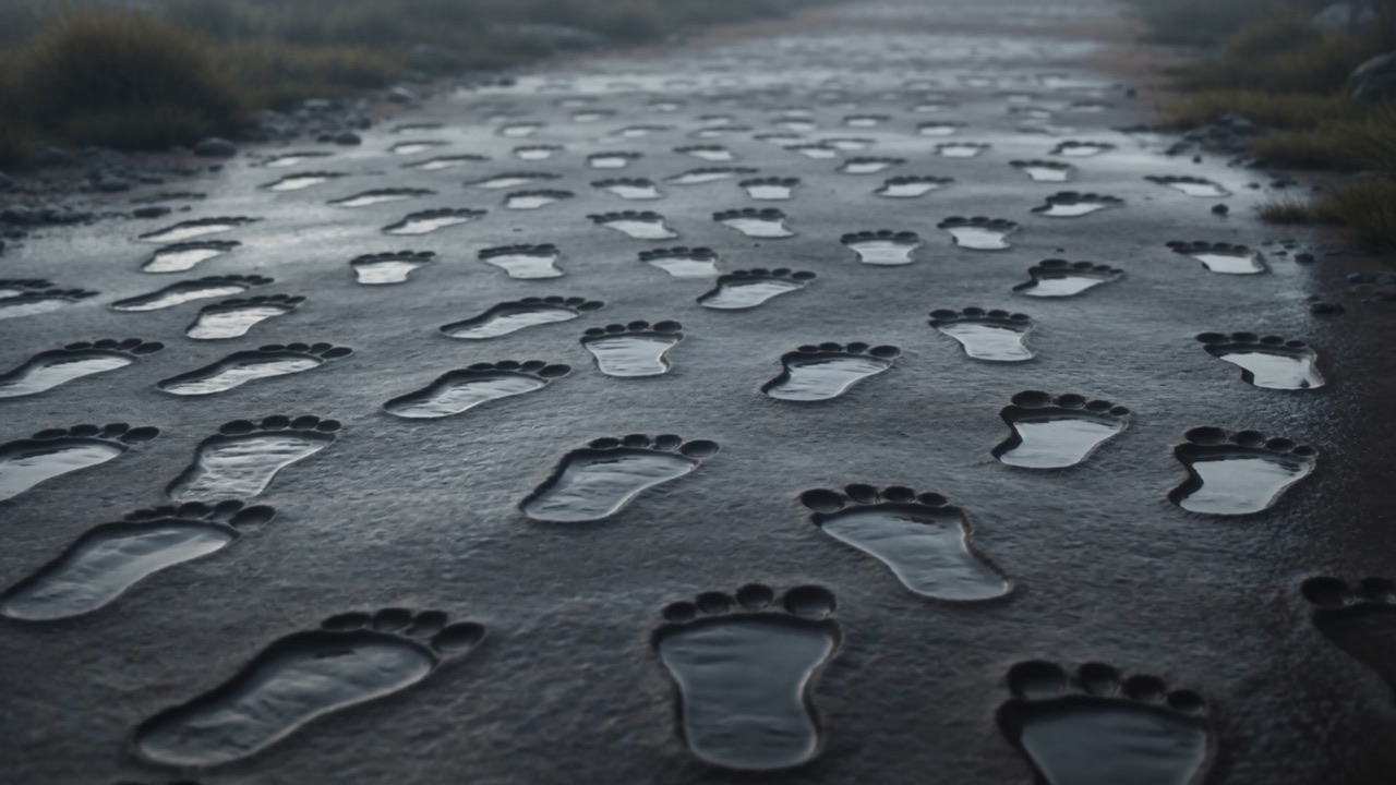 Wet footprints on stone, filling with rain