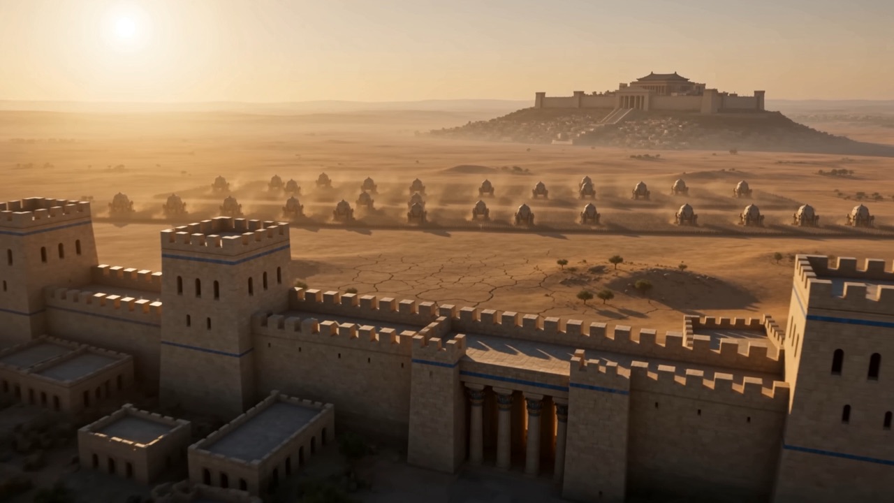 A walled city alone on a plain in hard sunlight