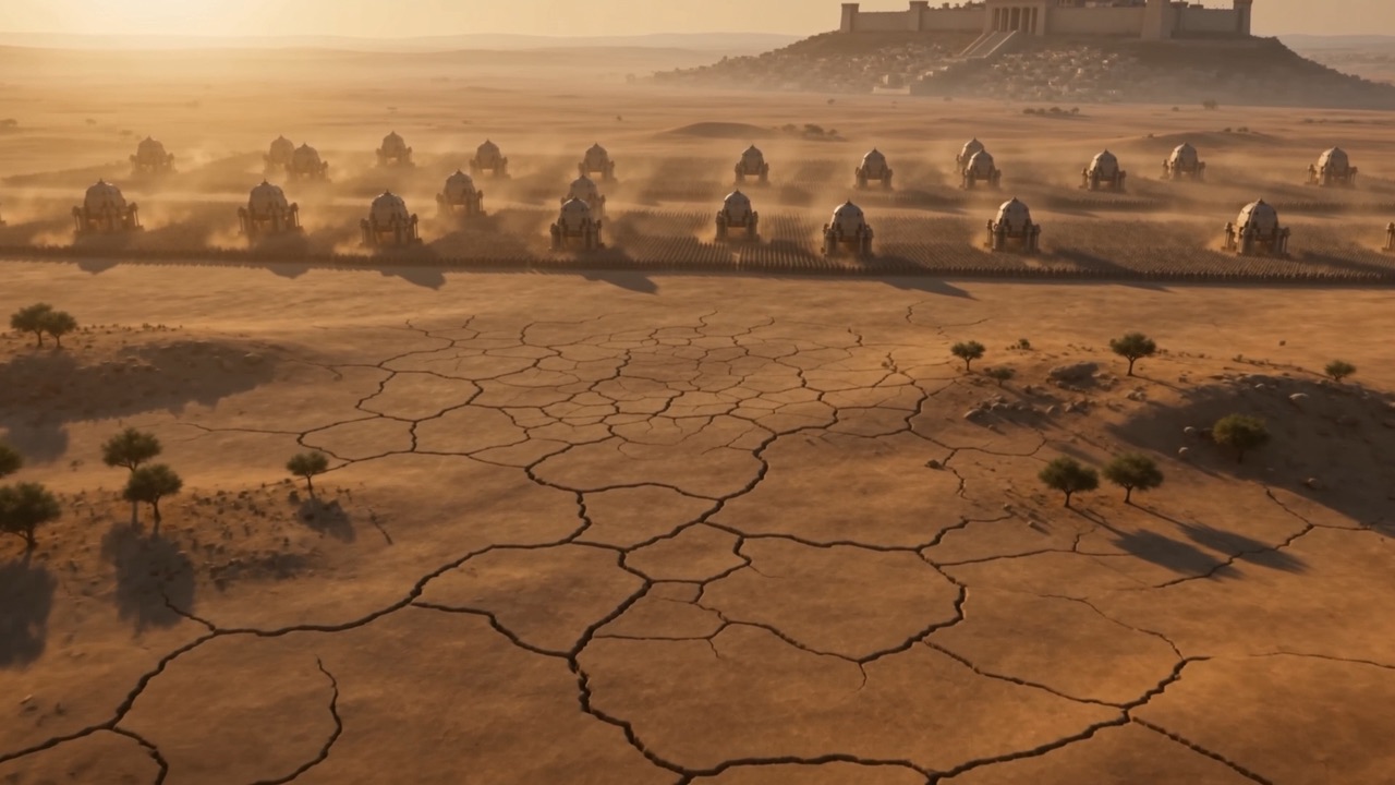 Siege towers coming on across cracked ground