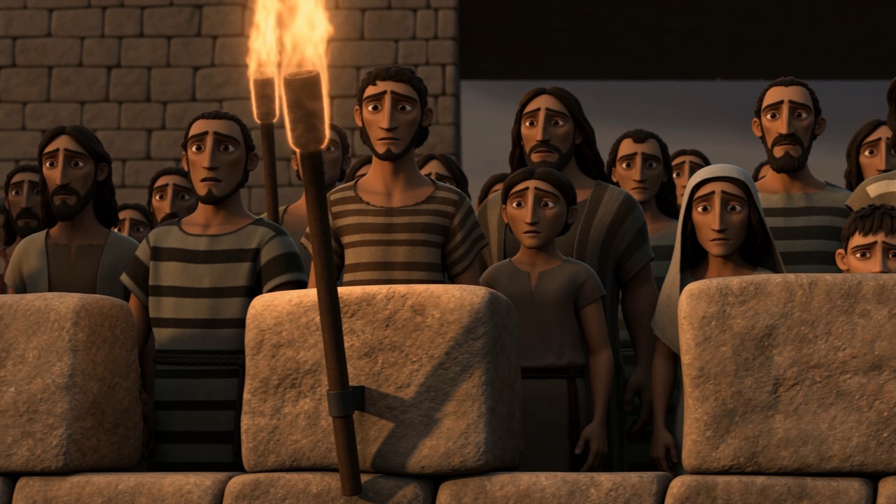 Torches along the parapet at dusk