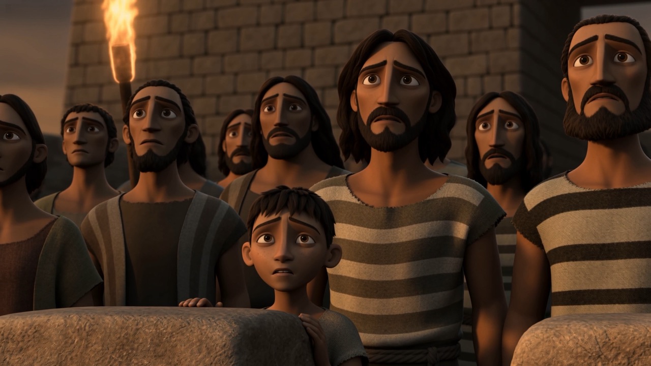 A line of faces, lit from below