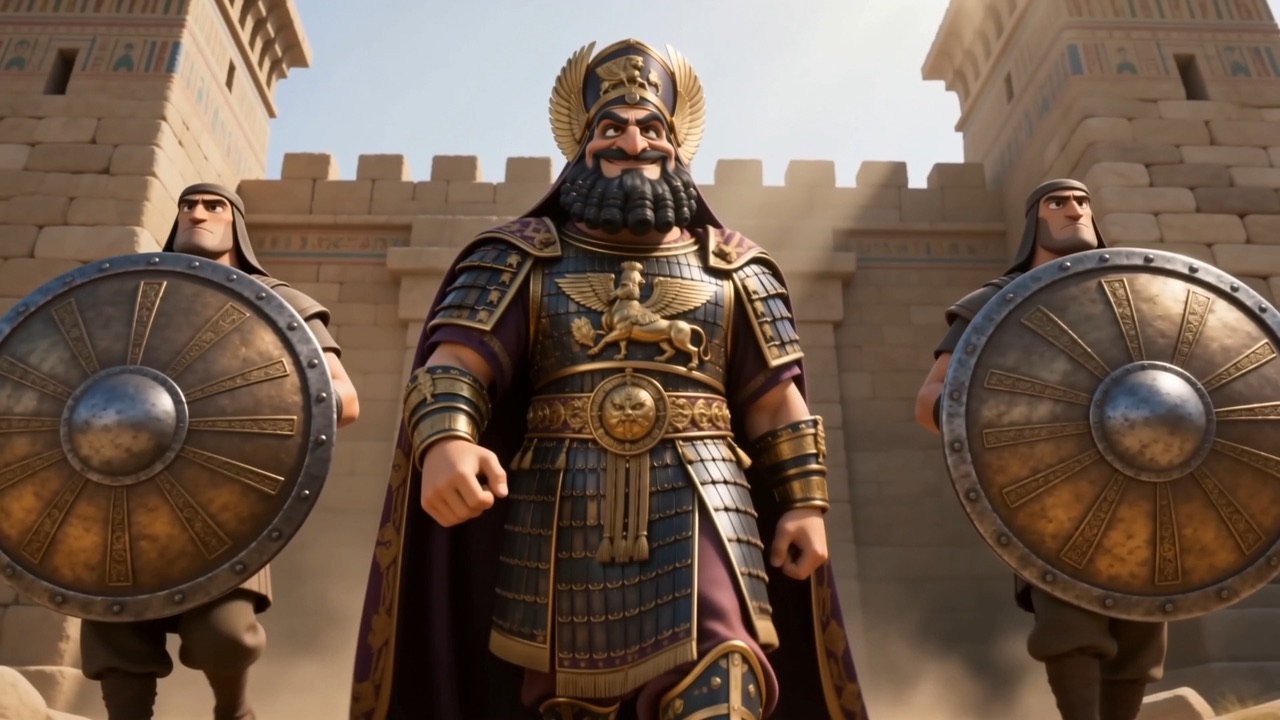 Two shield-bearers flank him