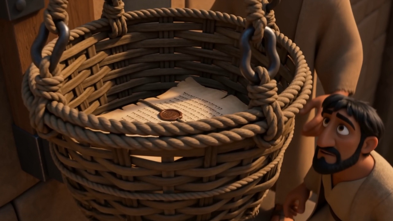 A basket lowered on ropes down the wall