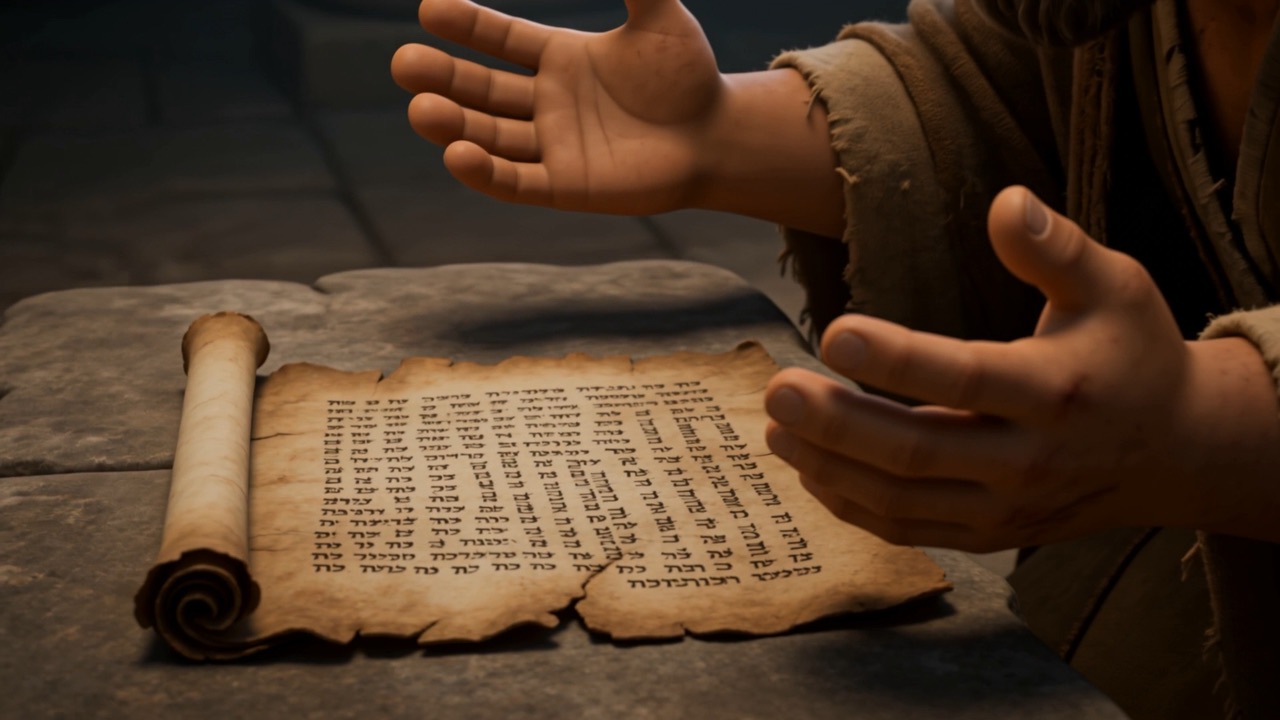 The open scroll, and one hand opened beside it