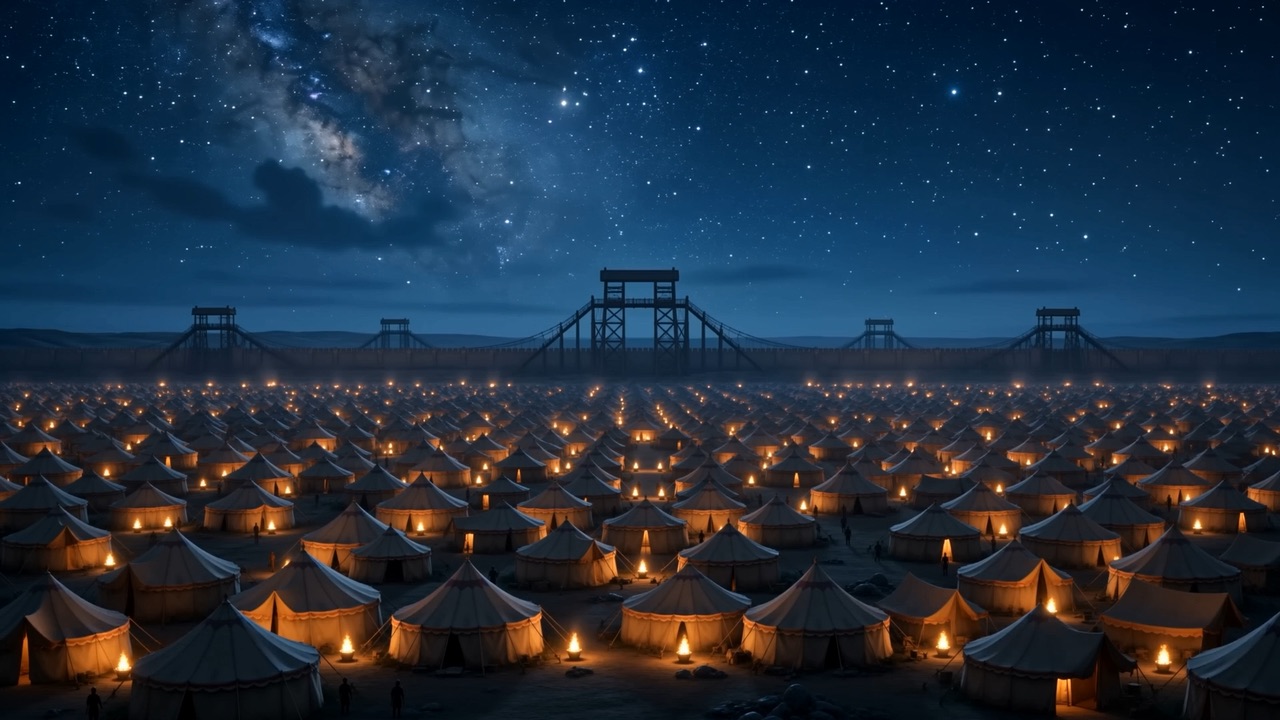 The Assyrian camp at night, thousands of lit tents