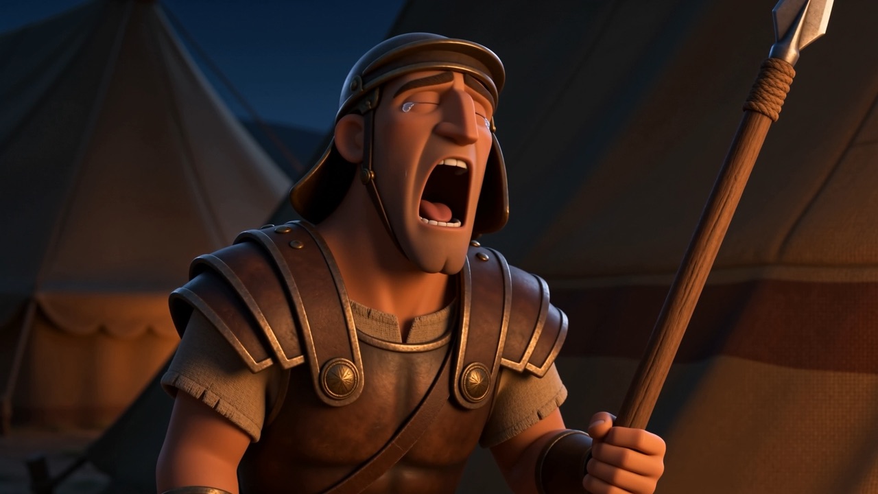 A sentry yawns hugely on his spear