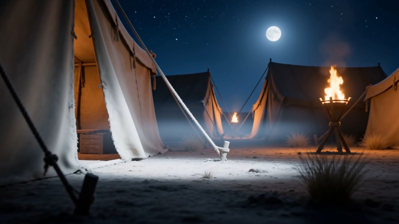 A band of white light lying between two tent rows
