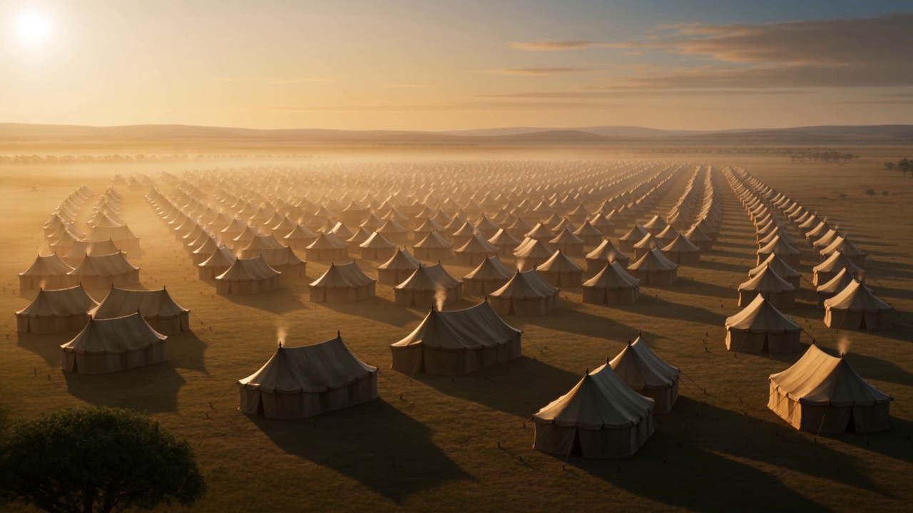First light over the tent lines