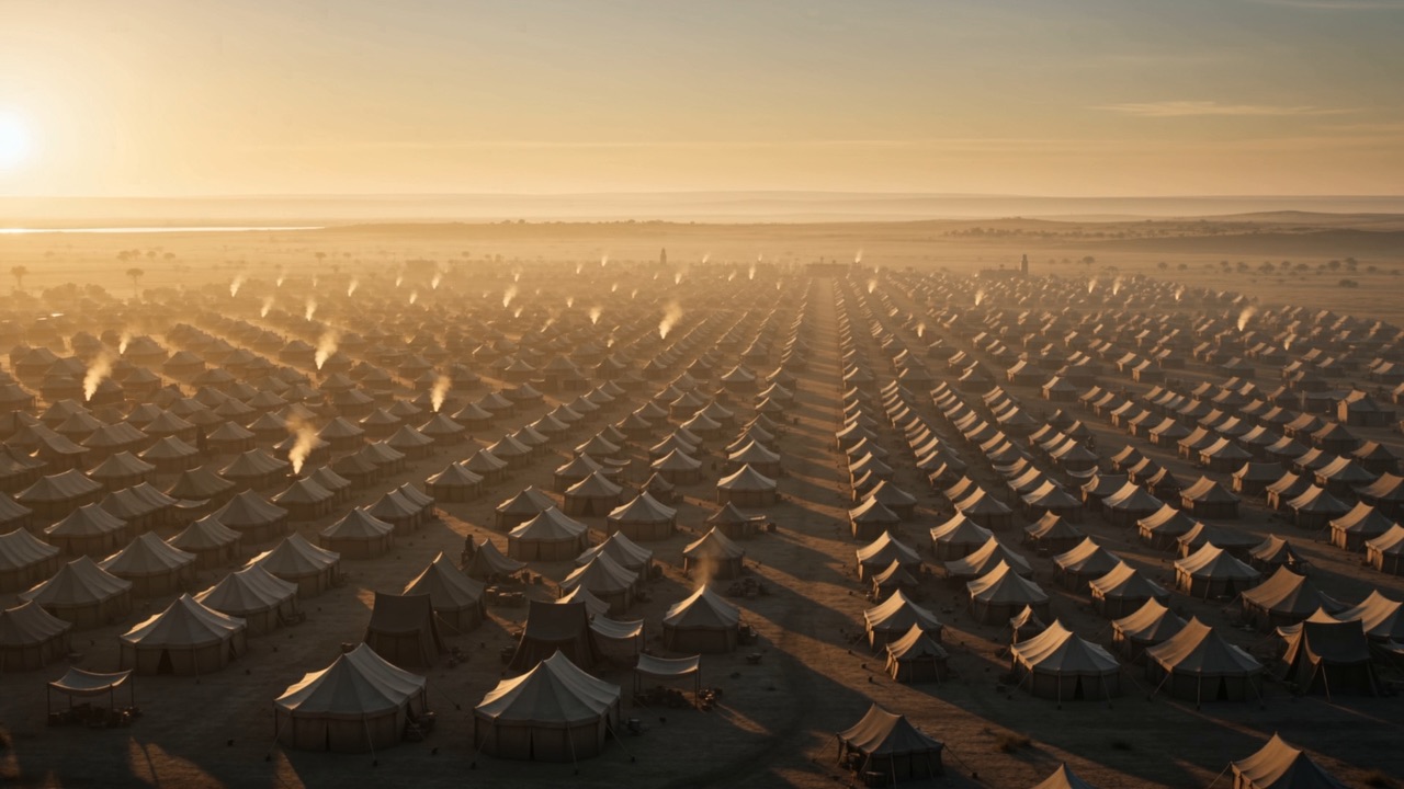 Sun coming up across the whole camp