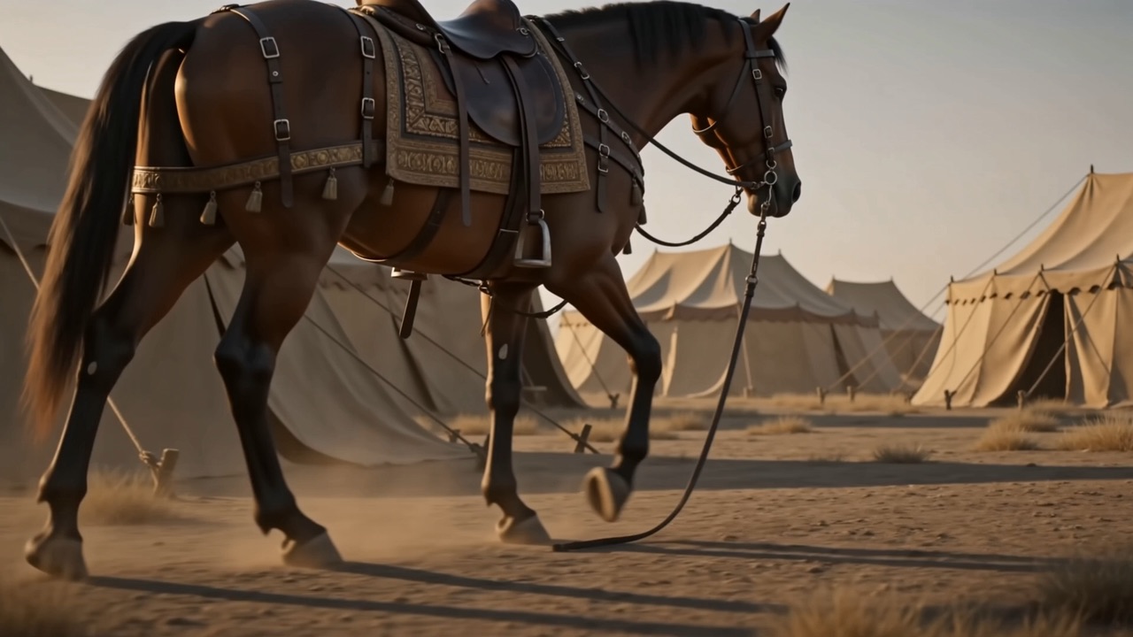A saddled warhorse walking alone between the tents