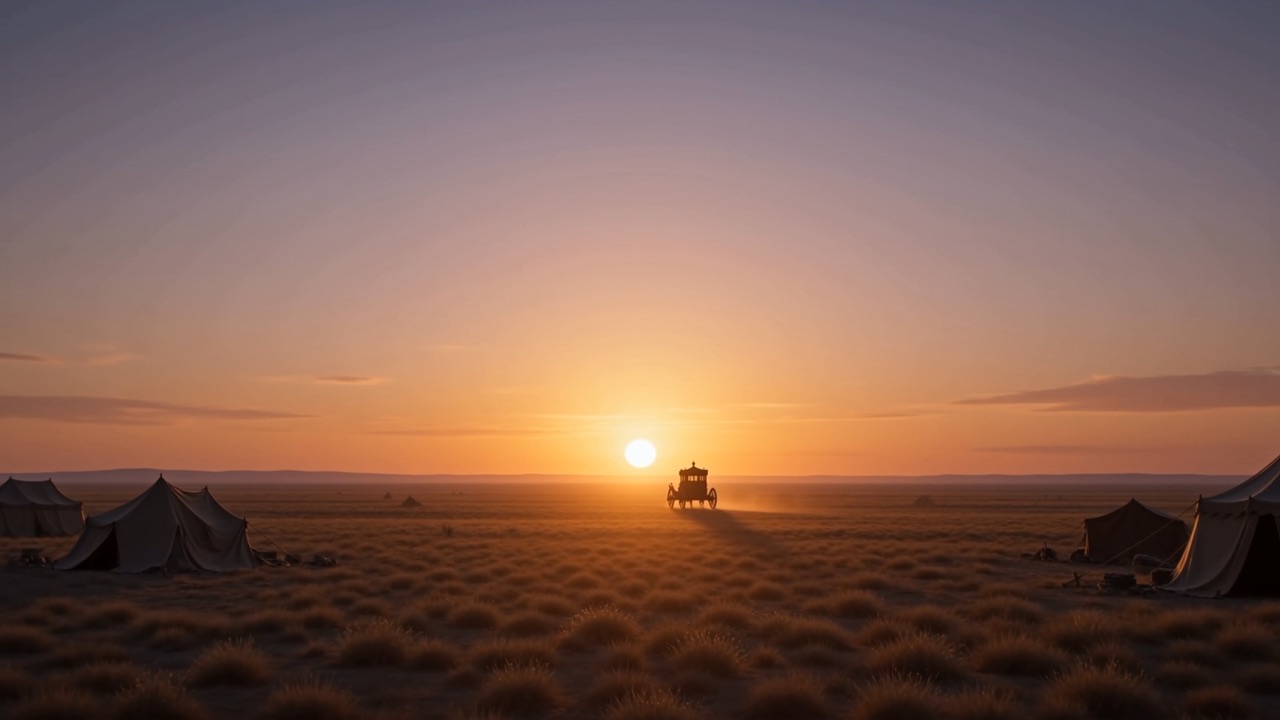 The sun on the horizon behind the empty camp